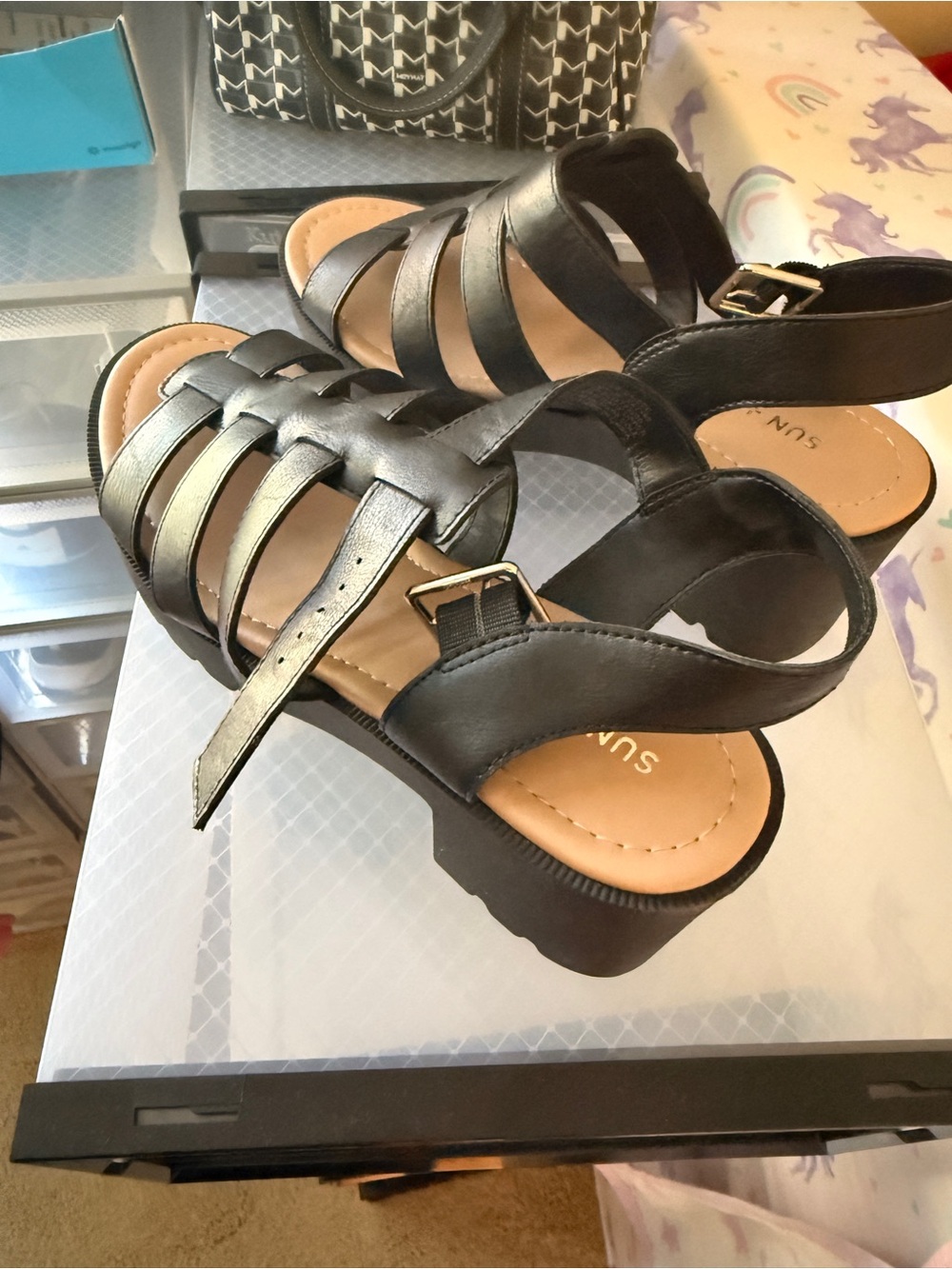 Sunrise Women's Black Strappy Buckle Platform Sandals